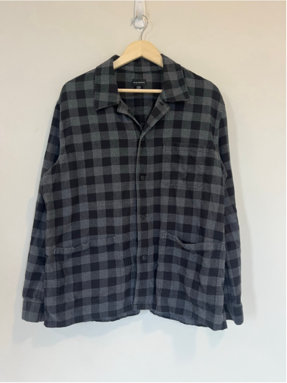 Club Monaco Plaid Shirt Jacket Lightweight Charcoal Grey Black Oversized Boxy